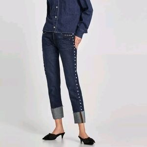 Zara Cuffed Denim Straight Leg Pearls size 2 Blue